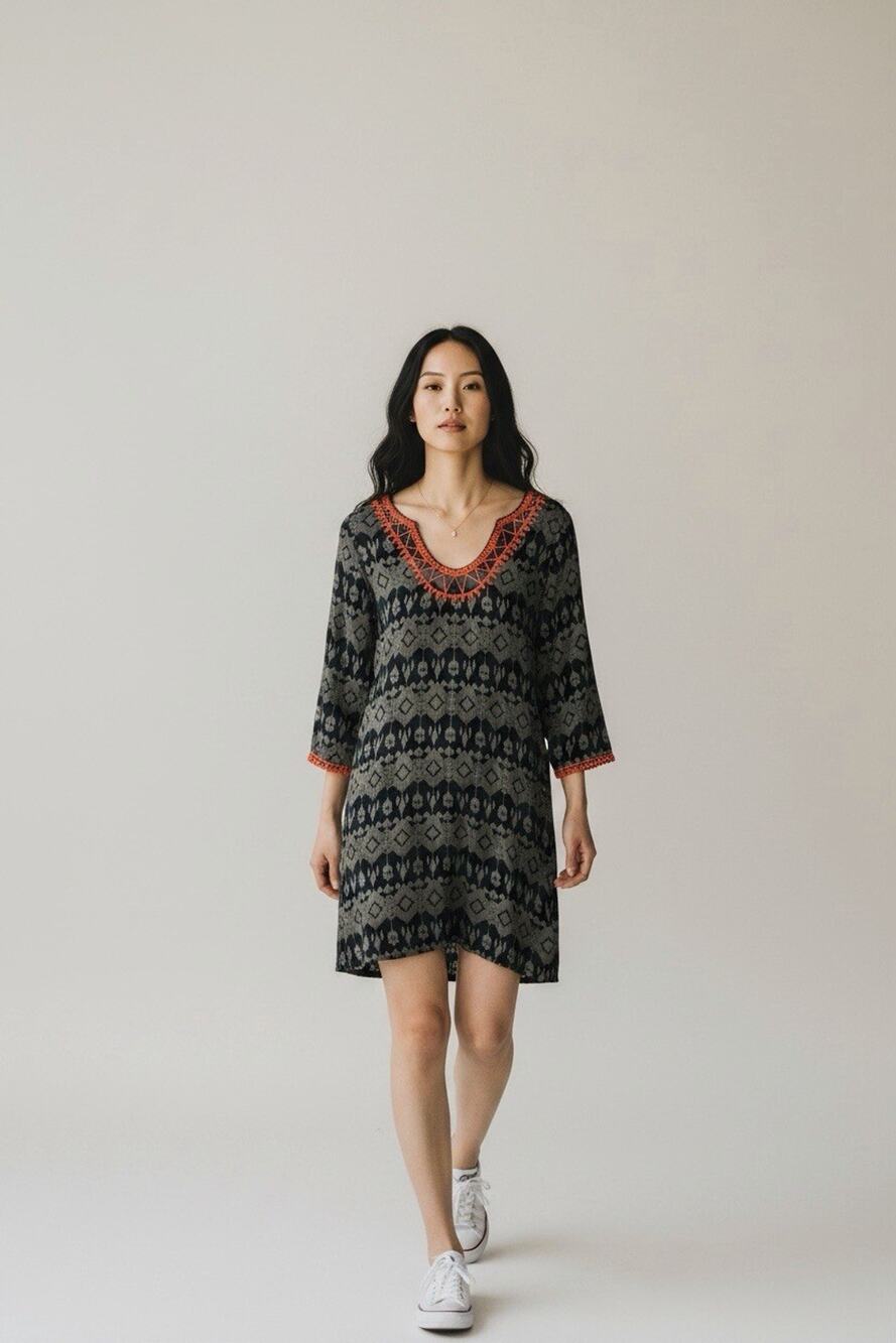 Mittoshop Sz Large Short Gray Dress Orange Embroidered Neck Trim Boho